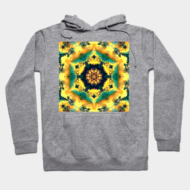 Psychedelic Kaleidoscope Yellow Blue and Green Hoodie by WormholeOrbital